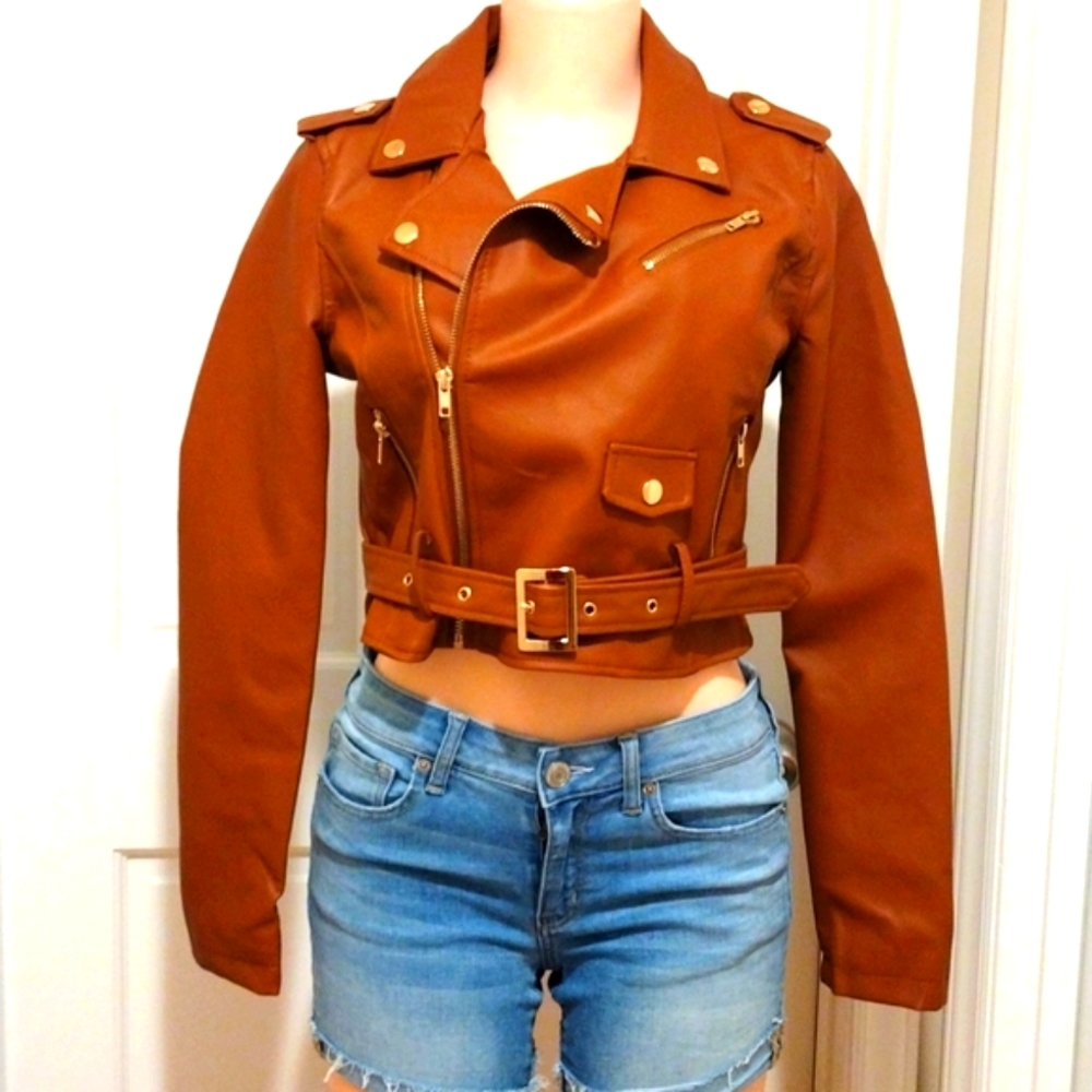 Crop Moto Jacket with Belt Size Medium Brown